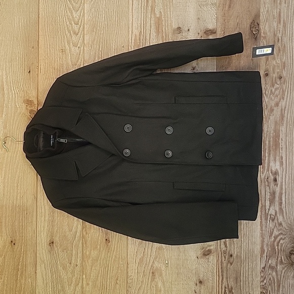 Kenneth Cole Medium Black Classic-Fit Double-Breasted Peacoat with Attached Bib